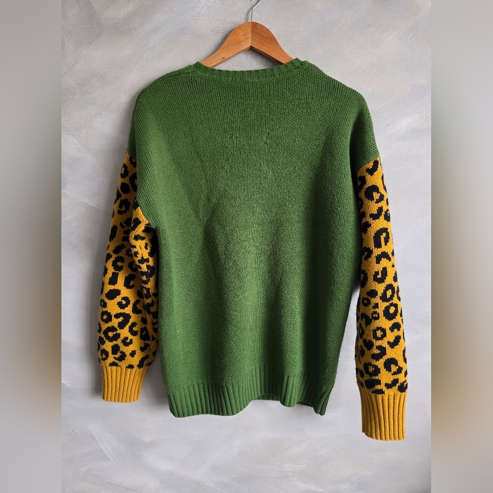 Vintage Leopard Cheetah Head Green Mustard Yellow Pullover Sweater Sz M - Picture 6 of 7
